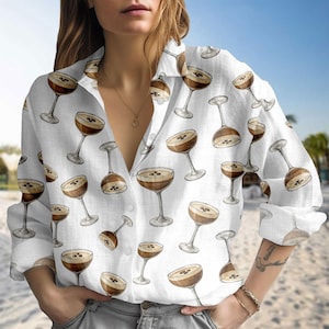 Espresso Martini Blouse Shirt, Coffee Cocktail Shirt, Retro Drink Button Up Shirt, Espresso Gift Shirt for Women, Martini Party Top
