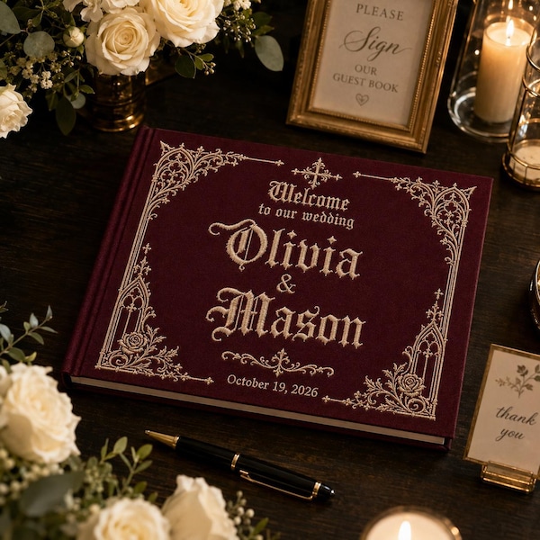 Livre d'or gothique personnalisé pour les mariés, noms et date brodés sur mesure, souvenir de mariage médiéval, décoration de réception romantique et sombre