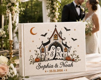 Custom Halloween Wedding Guest Book, Spooky Personalization Linen Guestbook, Hand Embroidered Ghost Wedding Book, Autumn Bridal Keepsak