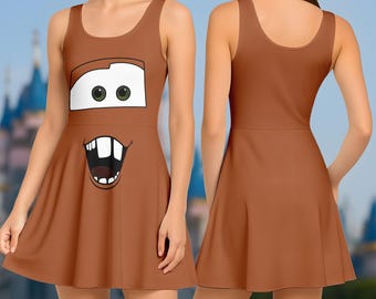 Mater Costume Skater Dress, Cars Pixar Cosplay Dress For Disneyland Trip, Brown Tow Truck Dress, Cute Halloween Group Outfit Idea