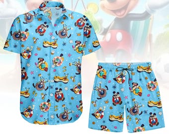 Camisa y pantalones cortos de Mickey Mouse, camisa de botones de Mickey de Disney, camisa hawaiana playera de Mickey, pantalones cortos hawaianos de verano, regalo navideño