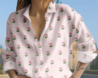 Pink Tulip Blouse Shirt, Floral Button Down Top, Spring Garden Tulip Shirt, Vintage Inspired Flower Blouse, Retro Botanical Print Shirt