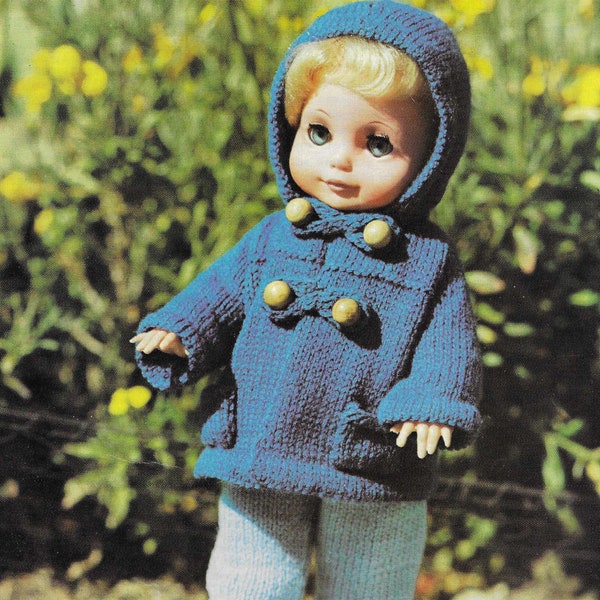 Dolls Coat, Jumper & Trousers Knitting Pattern to fit 10-14 inch doll. Doll’s Duffle Set. 4 ply wool. Instant PDF Digital Download.