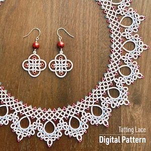 May include: A white tatting lace necklace with red and blue beads. The necklace is on a wooden surface. The image also shows a pair of earrings with red beads and white tatting lace. The text "Tatting Lace" and "Digital Pattern" is visible in the image.