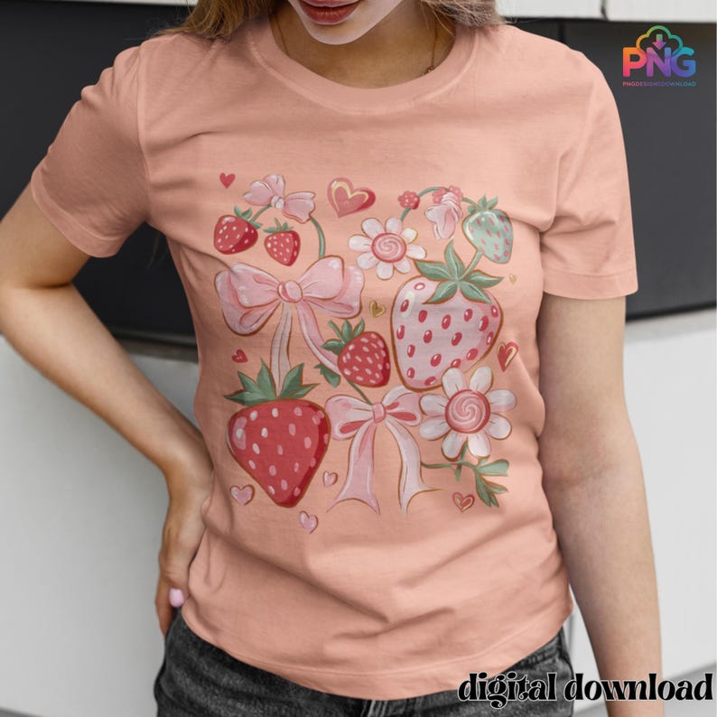 Adorable boho strawberry illustration featuring cute red and pink strawberries, delicate bows, flowers, and hearts in a soft coquette aesthetic. This hand-drawn PNG clipart with transparent background is perfect for digital projects, sublimation, scrapbooking, stickers, and girly decor. Its sweet and playful design adds a charming touch to planners, journals, or DIY crafts, making it a versatile and aesthetic choice for strawberry lovers.