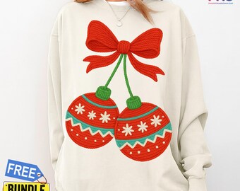 Coquette Christmas Cherries PNG | Faux Yarn Bow Sublimation Design | Digital Download