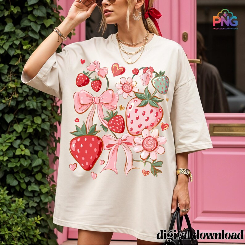 Adorable boho strawberry illustration featuring cute red and pink strawberries, delicate bows, flowers, and hearts in a soft coquette aesthetic. This hand-drawn PNG clipart with transparent background is perfect for digital projects, sublimation, scrapbooking, stickers, and girly decor. Its sweet and playful design adds a charming touch to planners, journals, or DIY crafts, making it a versatile and aesthetic choice for strawberry lovers.