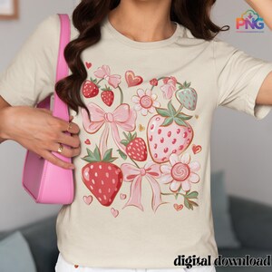 Adorable boho strawberry illustration featuring cute red and pink strawberries, delicate bows, flowers, and hearts in a soft coquette aesthetic. This hand-drawn PNG clipart with transparent background is perfect for digital projects, sublimation, scrapbooking, stickers, and girly decor. Its sweet and playful design adds a charming touch to planners, journals, or DIY crafts, making it a versatile and aesthetic choice for strawberry lovers.
