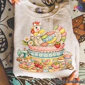 Vintage Patchworkowa Kura Png, Projekt Koszuli Cottagecore, Patchworkowa Pikowana Kura Grandmacore Png, Oszczędny Kurczak Png, Fantazyjna Sublimacja Kury