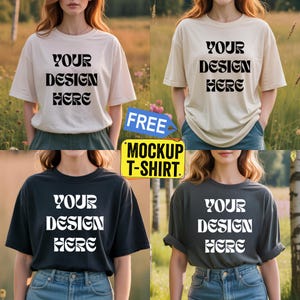 A mockup bundle of four stylish t-shirt designs shown on female models in outdoor settings. Each shirt displays the text “Your Design Here” in bold stencil font, with neutral shirt colors like beige, cream, black, and charcoal. The mockup is labeled "FREE MOCKUP T-SHIRT" with a bright yellow tag. Ideal for showcasing your t-shirt designs for POD shops, Etsy listings, or digital downloads.