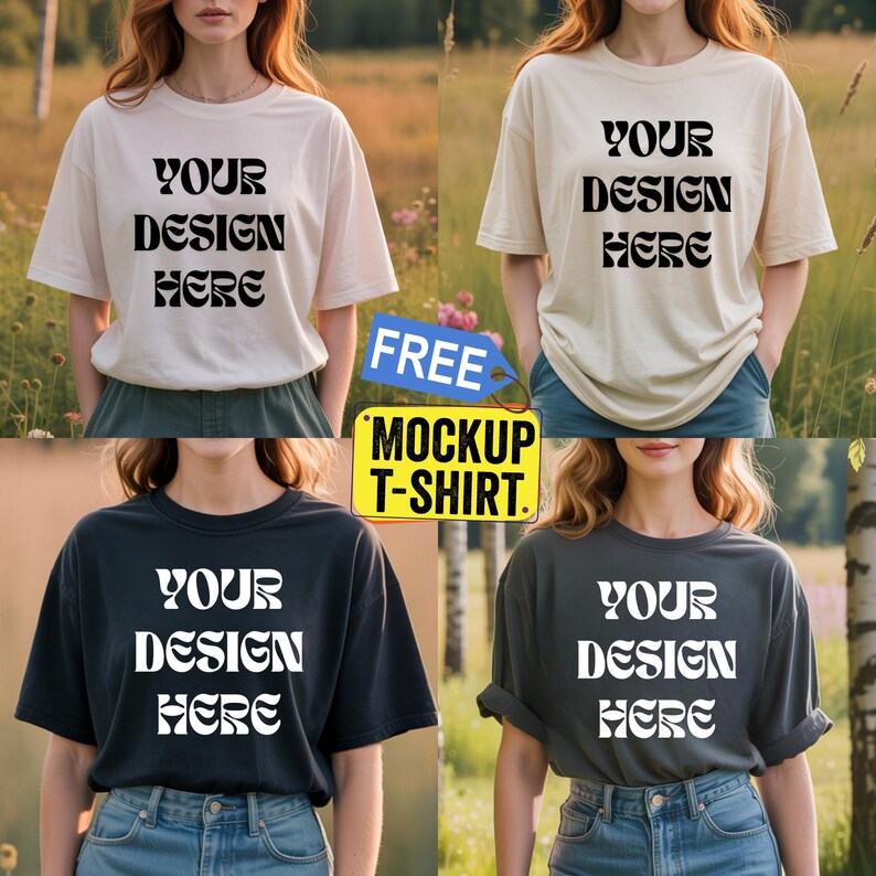 A mockup bundle of four stylish t-shirt designs shown on female models in outdoor settings. Each shirt displays the text “Your Design Here” in bold stencil font, with neutral shirt colors like beige, cream, black, and charcoal. The mockup is labeled "FREE MOCKUP T-SHIRT" with a bright yellow tag. Ideal for showcasing your t-shirt designs for POD shops, Etsy listings, or digital downloads.