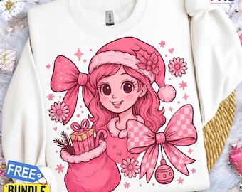 Coquette Pink Bow Christmas PNG | Girly Santa Sublimation Design | Holiday Clipart