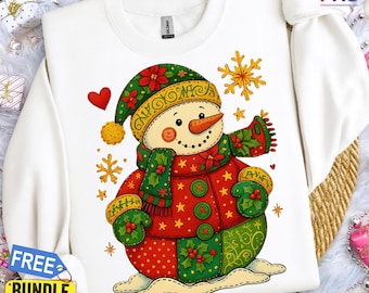 Patchworksneeuwpop, png PNGEgg | Kerst retro volkskunst clipart | Ontwerp vakantieshirt