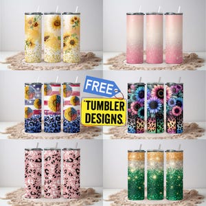 A bundle of eight eye-catching 20 oz tumbler designs in various styles including sunflowers, glitter ombré, patriotic stars and stripes, rainbow leopard floral, and pink leopard patterns. Each tumbler is vertically aligned on a soft neutral backdrop with a straw. The design includes a bold yellow label reading “FREE TUMBLER DESIGNS.” Great for showcasing sublimation designs for POD or digital download shops.