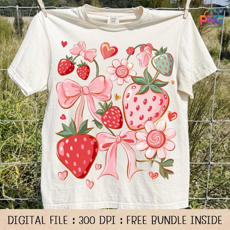 May include: Cream-colored t-shirt featuring a whimsical strawberry design. The graphic includes pink bows, flowers, and red strawberries with green leaves. The text at the bottom reads "DIGITAL FILE : 300 DPI : FREE BUNDLE INSIDE."