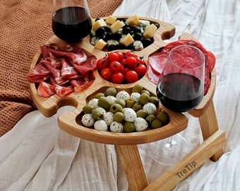 Outdoor Picnic Wine Table, Picnic table, Wooden Portable Table, Folding Bed Tray, Serving Picnic Table, Personalized Gift, Handmade Oak Tray