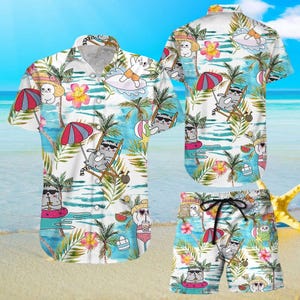 Funny Beach Dog and Cat Hawaiian Shirt, Cute Cat Hawaiian Shirt and Shorts, Summer Cartoon Matching Outfit, Gift For Summer