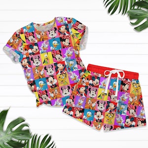 Ensemble chemise et short à motif quadrillé Mickey Mouse, tenue d'été avec personnage de Disney, cadeau pyjama mignon, short Mickey et ses amis