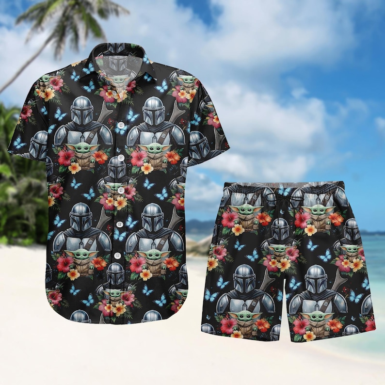 Mandalorian Grogu Flower Button Shirt, Baby Yoda Shirt, Star Wars This Is The Way Shirt, Disneyland Family Trip Shirt, Father's Day Gif