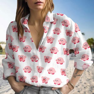 Cute Kirby Blouse for Women, Pink Cartoon Character Shirt, Fun Summer Casual Beach Top, Gamer Girl Gift, Kirby Blouse Women Shirt