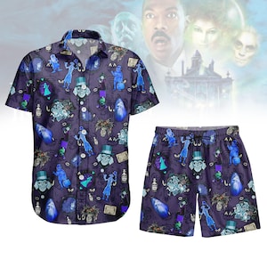 Haunted Mansion Charaktere Hawaii-Hemd / Kurzes, gruseliges Disney-Knopf-Shirt, Halloween-Haunted Mansion-Film-Shirt, Halloween-Geschenk