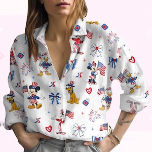 Camicia patriottica Disney, Topolino, Minnie e Paperino in abiti con bandiera americana, camicia con bottoni per il 4 luglio da donna, camicetta da donna