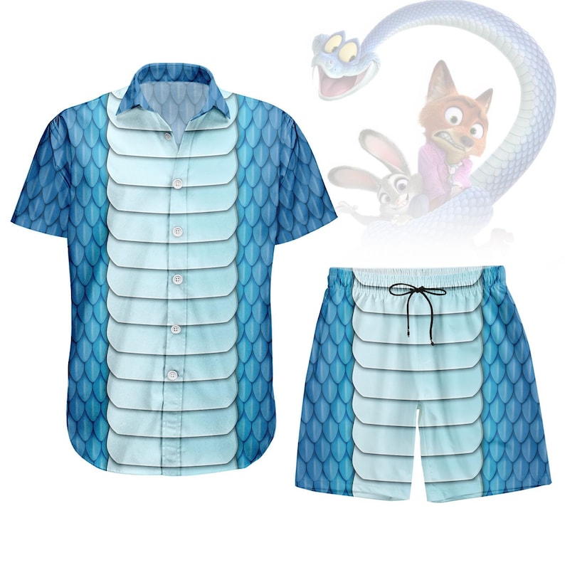 Zootopia 2 Snake Costume Button Shirt/Shorts, Blue Snake Hawaiian Set, Cartoon Character Cosplay Outfit, Halloween Matching Gift