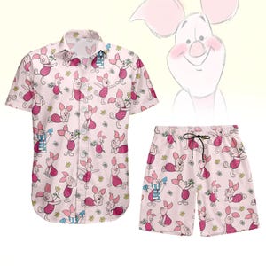 Camisa con botones florales de cerdito, camisa de cerdito bailando, camisa estilo Disney, camisa rosa suave de dibujos animados, camisa de cerdito de verano, idea de regalo