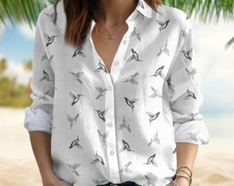 Bird Blouse Shirt, Hummingbird Blouse Shirt, Nature Bird Button Up Shirt, Light Casual Boho Vacation Blouse, Gift For Her
