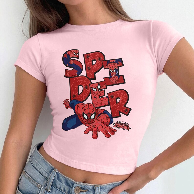 Spiderman Baby Tee, Marvel Superhero Graphic Shirt, Retro Spiderman Crop Top, Y2K Aesthetic Tee, Spider-Man Fan Gift, Cute Spidey Shirt