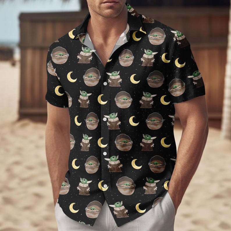 Disney Star Wars Grogu Button Shirt, Disney Baby Yoda Hawaiian Shirt, Retro Sci-Fi Summer Shirt, Mandalorian Gift Shirt, Cute Fan Shirt
