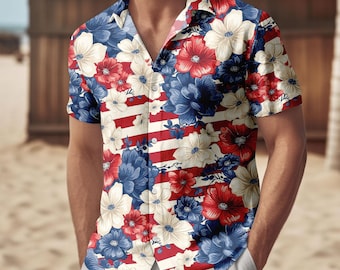 Patriotic US Flag Floral Hawaiian Shirt, American Fourth of July Beach Shirt, USA Aloha Button Shirt, Summer Beach Party Gift for Him