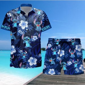 Stitch Hawaiiaans shirt en shorts, tropische blauwe vakantie-outfit, schattige Disney-strandkleding voor de zomer, Stitch Movie 2025 Hawaiiaans shirt