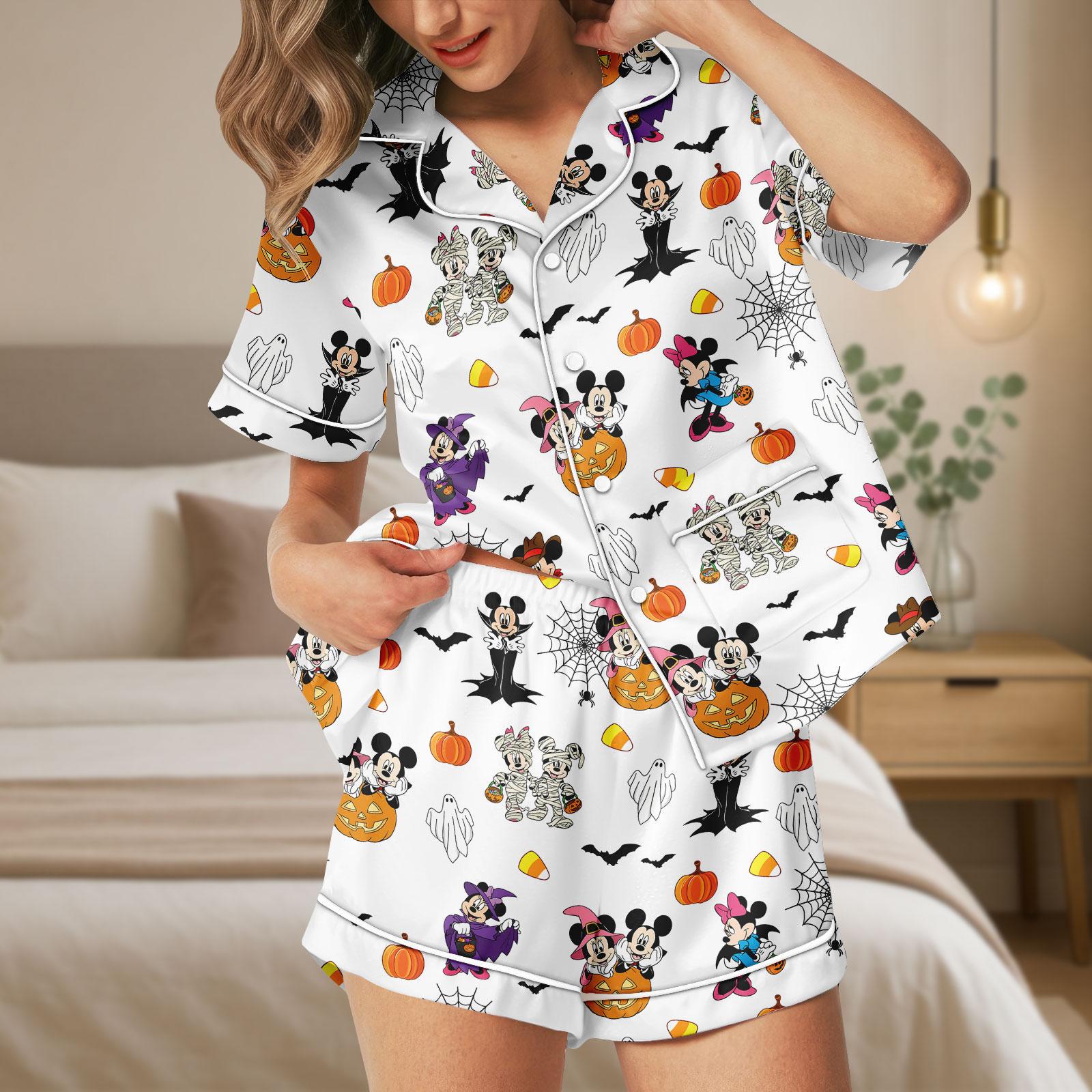 Disney Halloween Satin Pajamas Short, Mickey Minnie Skeleton Sleepwear, Ghost Pumpkin Sleepwear, Spooky Cute Loungewear, Gift For Her