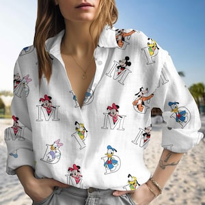 Blusa con monograma de Disney, camisa con botones de Mickey, Minnie, Goofy, Donald y Daisy, camisa con aspecto de lino de Disney, blusa para mujer, regalo para mamá
