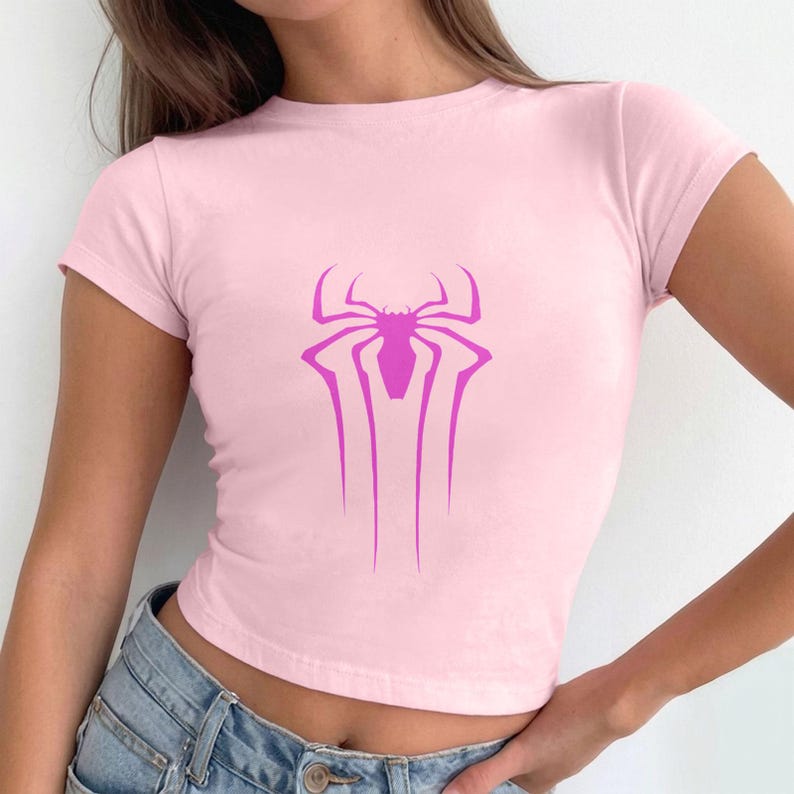 Pink Spider Logo Baby Tee, Spiderman Inspired Crop Top, Superhero Aesthetic Y2K Female Shirt, Minimalist Spider Web Graphic Tee