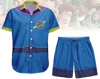 Buzz Lightjahre Kostüm Button Shirt/Shorts, Toy Story Hawaiihemd, Space Ranger Passendes Hemd, Cartoon Cosplay für Halloween