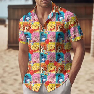 Camicia hawaiana di Winnie the Pooh, camicia estiva dei cartoni animati Disney, divertente camicia con bottoni dell'orsetto Pooh, regalo per fan Disney