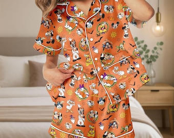 Disney Cruise Satin Pajama Set, Mickey Minnie Pluto Donald PJs, Pumpkin Ghost Sleepwear, Cute Spooky Lounge Set, Halloween Sleepwear