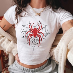 Spiderman Web Baby Tee, Red Spider Graphic Shirt, Spider Web Aesthetic Top, Gothic Superhero Tee, Marvel Fan Gift, Spidey Web Crop Top