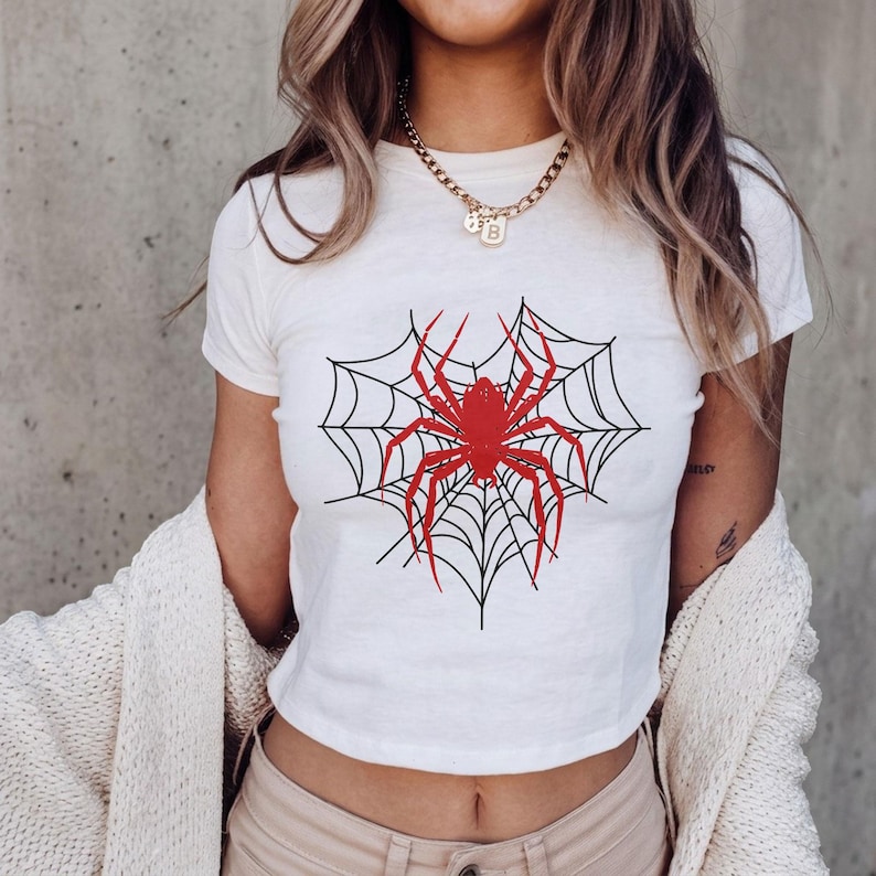 Spiderman Web Baby Tee, Red Spider Graphic Shirt, Spider Web Aesthetic Top, Gothic Superhero Tee, Marvel Fan Gift, Spidey Web Crop Top