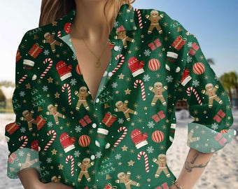 Gingerbread Christmas Blouse Shirt, Gingerbread Linen-Look Shirt, Festive Cookie Holiday Top, Xmas Blouse Women Shirt, Christmas Gift