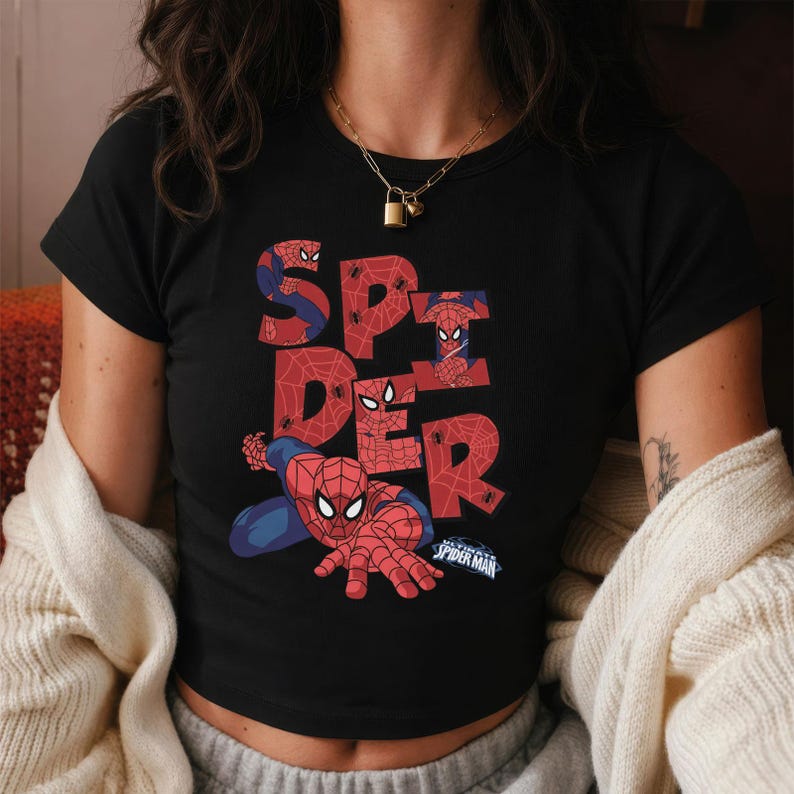 Spiderman Baby Tee, Marvel Superhero Graphic Shirt, Retro Spiderman Crop Top, Y2K Aesthetic Tee, Spider-Man Fan Gift, Cute Spidey Shirt