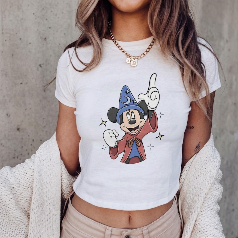 Sorcerer Mickey Mouse Baby Tee, Fantasia Disney Vintage Style Crop Top, Magic Kingdom Aesthetic Shirt, Retro Celestial Disney Tee