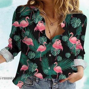 Flamingo Blouse Shirt, Flamingo Coconut Shirt, Pink Flamingo Shirt, Flamingo Coconut Shirt, Flamingo Blouse Blouse, Flamingo Gift For Her