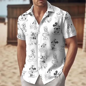Camisa hawaiana con dibujo vintage de Mickey Mouse, atuendo clásico de Disney, camisa de dibujos animados en blanco y negro, atuendo de verano con botones, ropa de playa