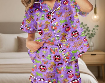 The Muppets Satin Pajamas Set, Kermit Animal Pjs, Retro Cartoon Sleepwear, Funny Cute Lounge Outfit, Disney Gift For Her