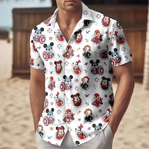 May include: White short-sleeved shirt patterned with cartoon characters such as Mickey Mouse, Spider-Man, and Captain America. The design includes nautical elements like anchors and life preservers. The shirt has a classic collar and button-down front.