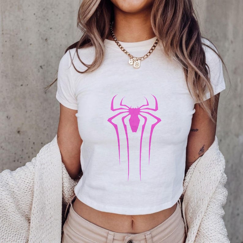 Pink Spider Logo Baby Tee, Spiderman Inspired Crop Top, Superhero Aesthetic Y2K Female Shirt, Minimalist Spider Web Graphic Tee