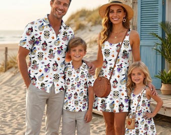 May include: A white short-sleeved button-down shirt, a white sleeveless dress, a white short-sleeved button-down shirt, and a white sleeveless dress, all featuring a repeating pattern of cartoon characters in Halloween costumes and small black bats.